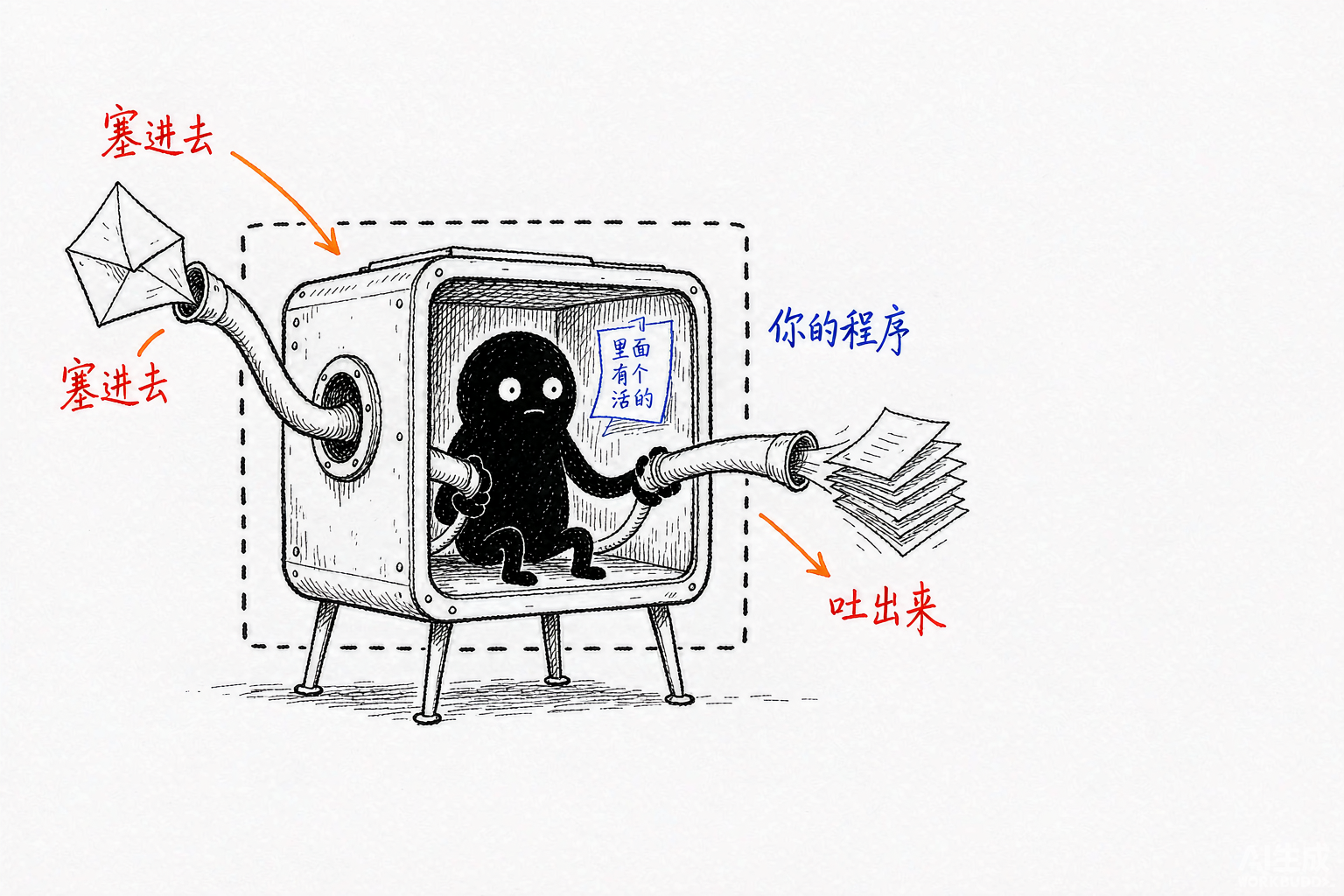 小黑值守在铁皮舱室里，两根管子一根塞活、一根吐结果——你启动的不是一次调用，是一个会干活的进程。