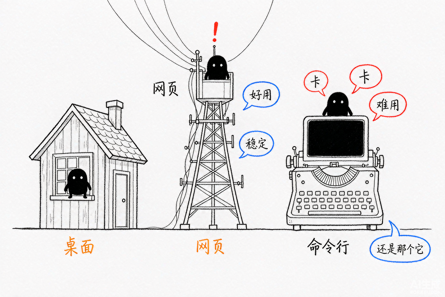 内核一样，只是被放进桌面应用、网页服务、命令行三种不同的宿主壳子里。